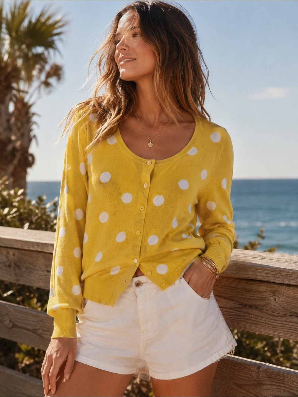 Elliott Lauren Yellow White Polka Dot Cotton Cardigan Sweater Size Small